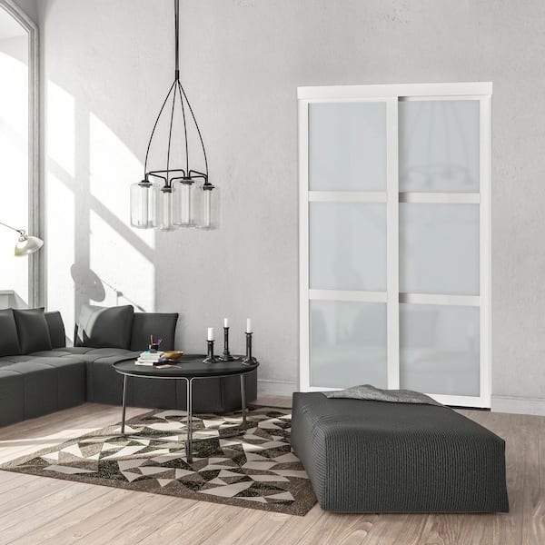 60 in. x 80.5 in. 3-Lite Indoor Studio MDF Wood with Vinyl Frame and Frosted Glass Sliding Closet Door