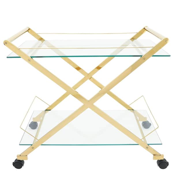 Liv & Skye 31 in. H Gold Metal and Glass Rolling Two Tier Bar Cart