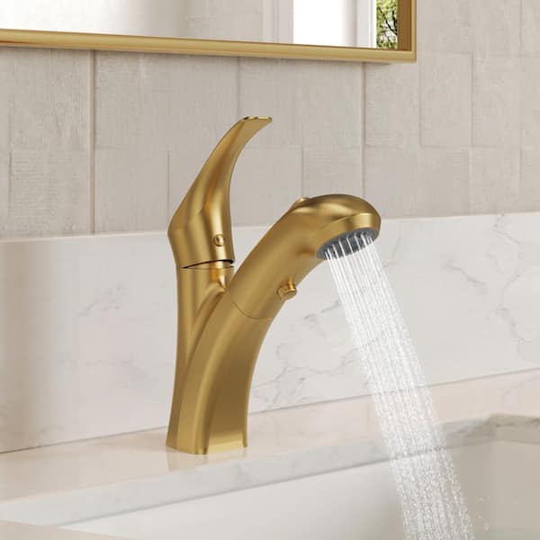 2-Spray Single-Handle Single-Hole Pull Out Sprayer Bathroom Sink Faucet with Drain Included in Brushed Gold