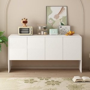 White Minimalist Style MDF 60 in. Sideboard with 4 Doors, Adjustable Shelves and Rebound Device
