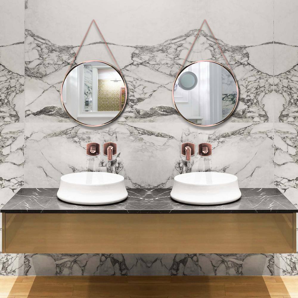 21" Modern Round Wood & Gold Wall Mirror with Metal Chain