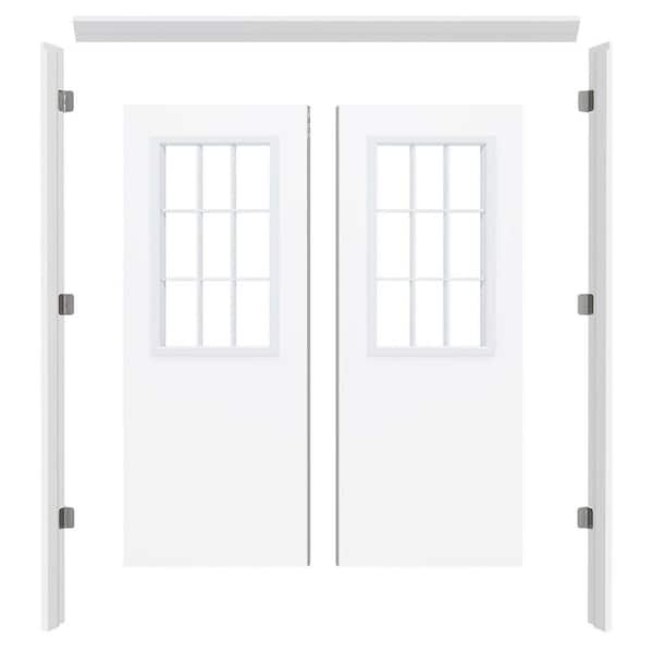 60 in. x 80 in. 9 Lite Clear Glass White Primed Wood Universal Prehung Double Front Door with Frame and Flush Bolts