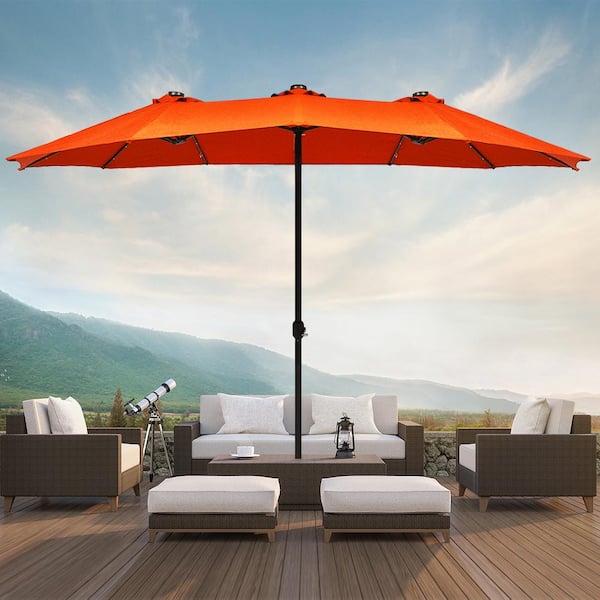 Costway 15 ft. Steel Frame Market Solar LED Patio Umbrella Powered 36-Lights in Orange