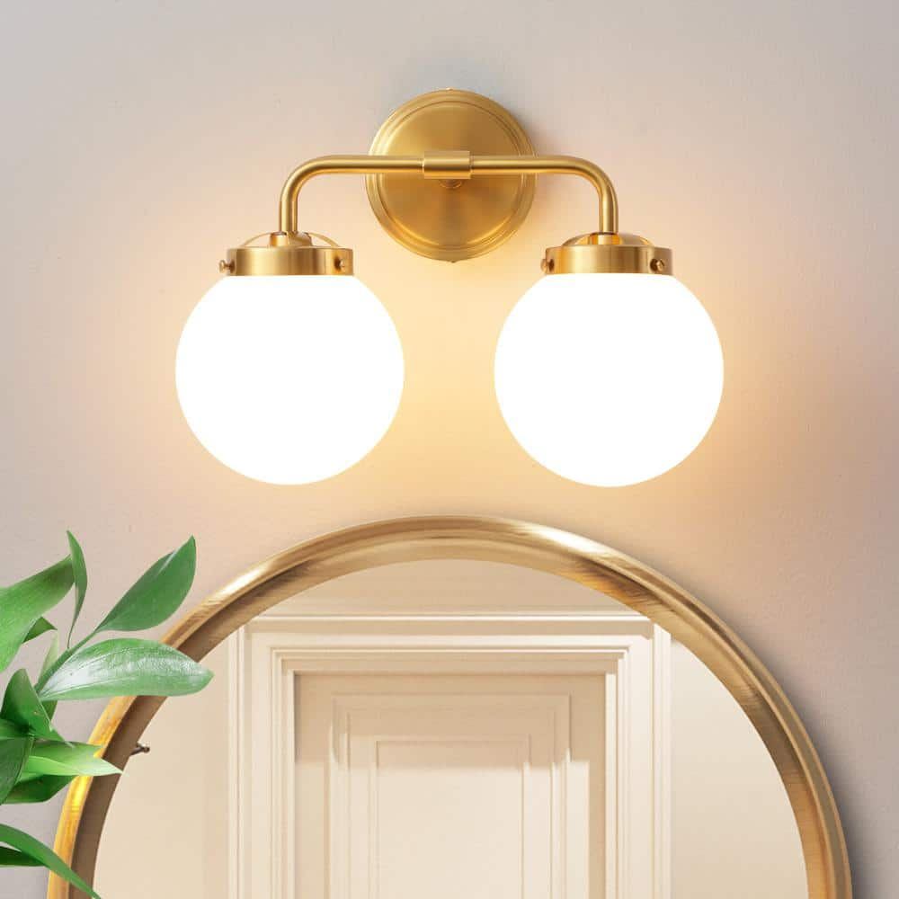 Deyidn 14.17 in. 2-Light Gold Bathroom Vanity Light with Opal Glass ...