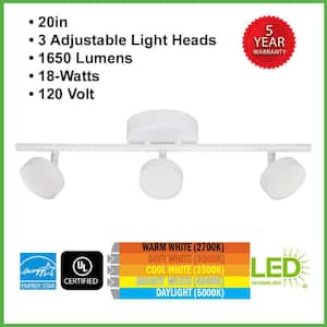 20 in. White 3 Head Track Light Adjustable Heads Integrated LED Flush Mount 1650 Lumens Warm White to Daylight