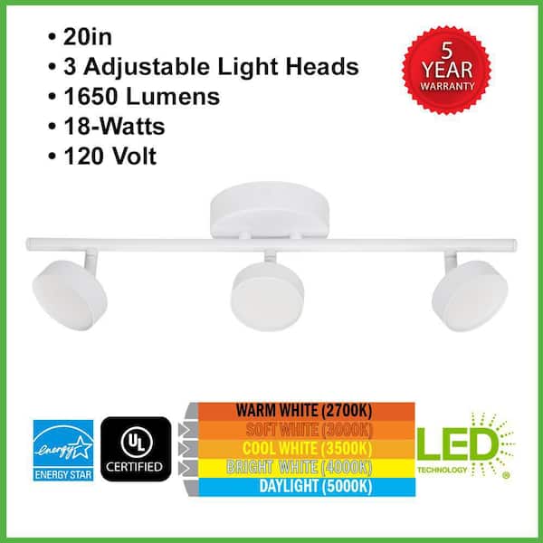 20 in. 3-Light White Adjustable Color Temperature and Heads Integrated LED Fixed Track Lighting Kit