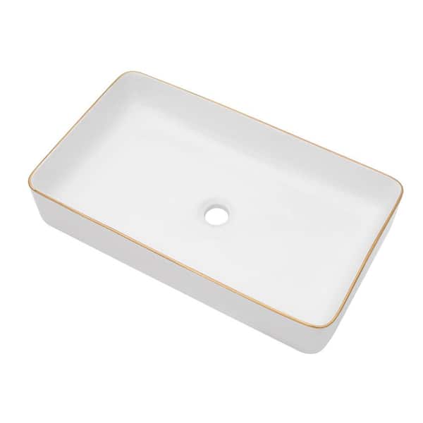 Tatahance 24 in . Rectangular Vessel Bathroom Sink in White Ceramic with Gold Rim