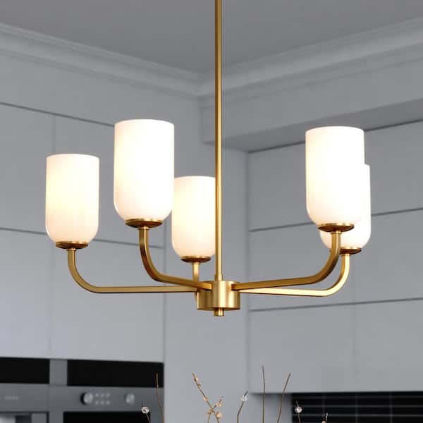 VAXCEL Shelby 5-Light Gold Brass Transitional Chandelier White Glass Shade