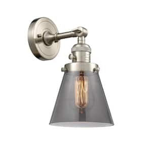 Cone 6.25 in. 1-Light Brushed Satin Nickel Wall Sconce with Plated Smoke Glass Shade with On/Off Turn Switch