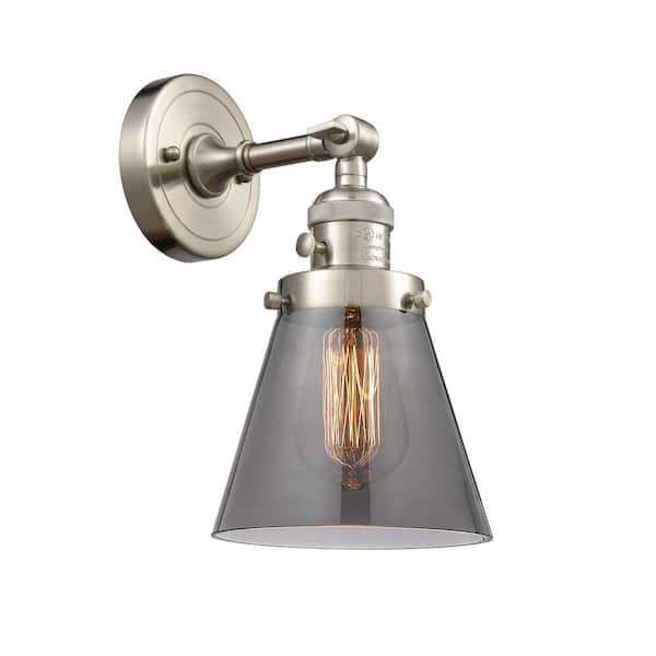 Innovations Cone 6.25 in. 1-Light Brushed Satin Nickel Wall Sconce with Plated Smoke Glass Shade with On/Off Turn Switch