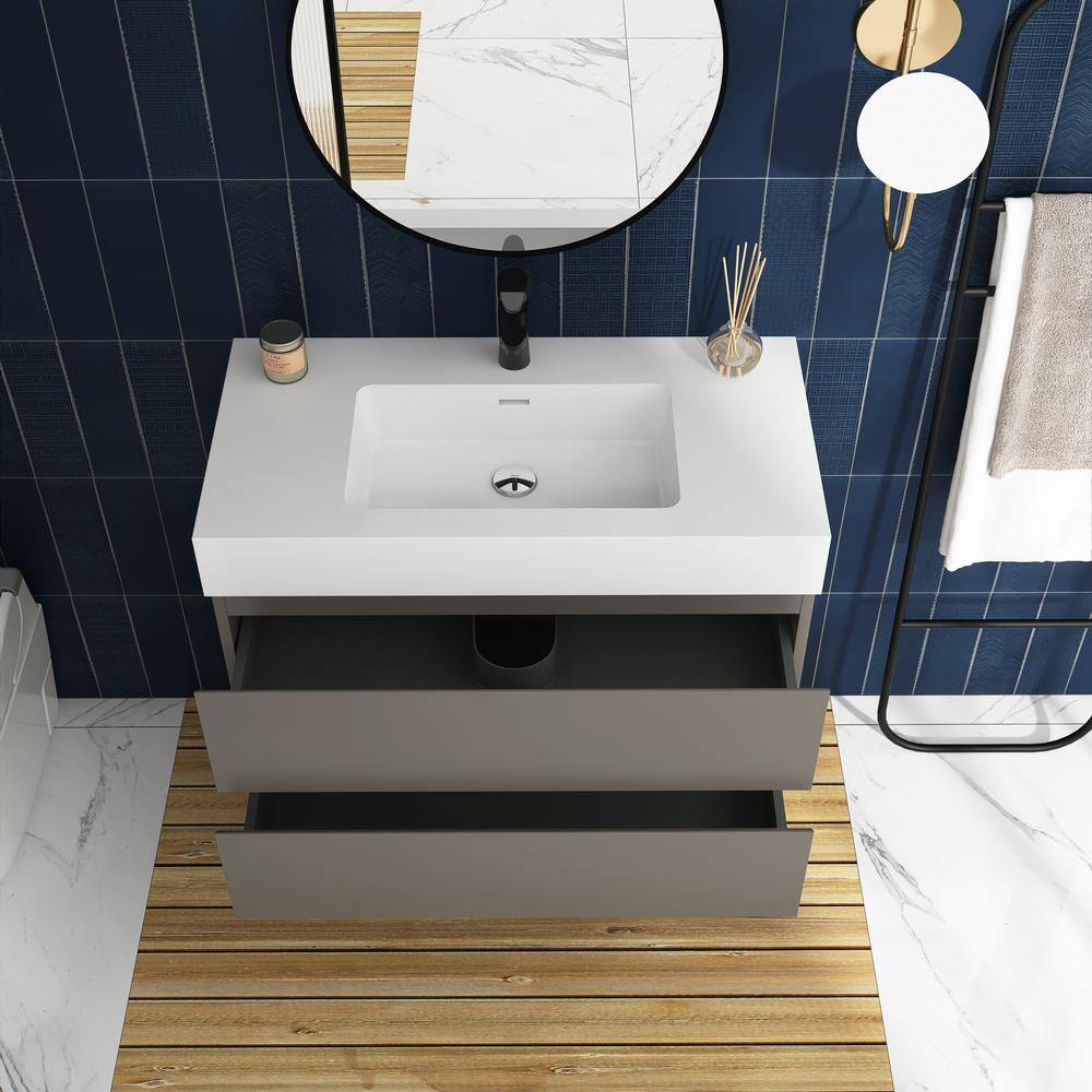 Grey Wall-Mounted Bathroom Vanity with White Resin Sink, 36"