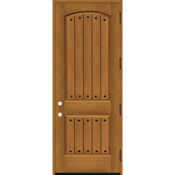 Steves & Sons Regency 36 in. x 96 in. 2-Panel Plank LHOS Autumn Wheat Stain Fiberglass Prehung Front Door with Clavos