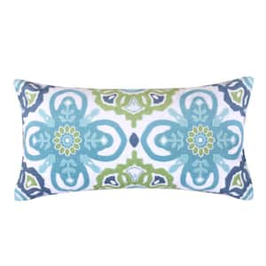 Cressida Teal, Blue, Green, Emroidered Medallions 24 in. x 12 in. Throw Pillow