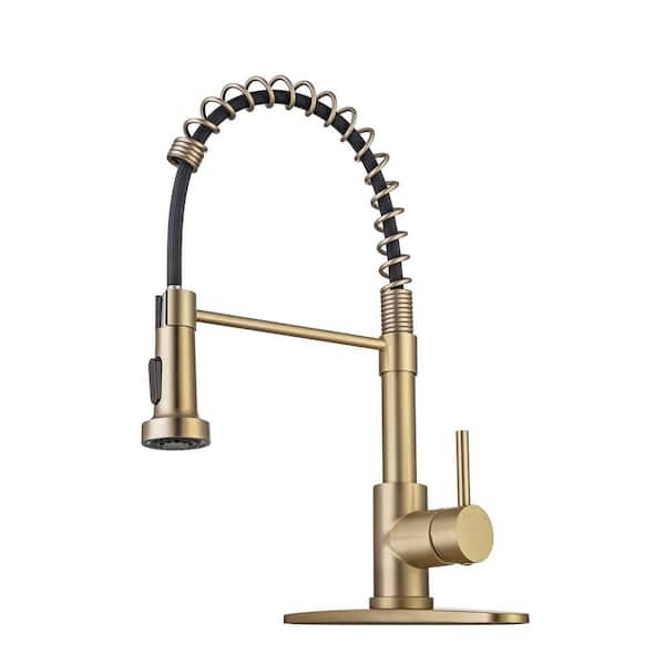 17 in. H x 10 in. W x 8.5 in. D Kitchen Faucet with Pull Down Sprayer and Deck Plate, Brushed Gold Kitchen Sink Faucet