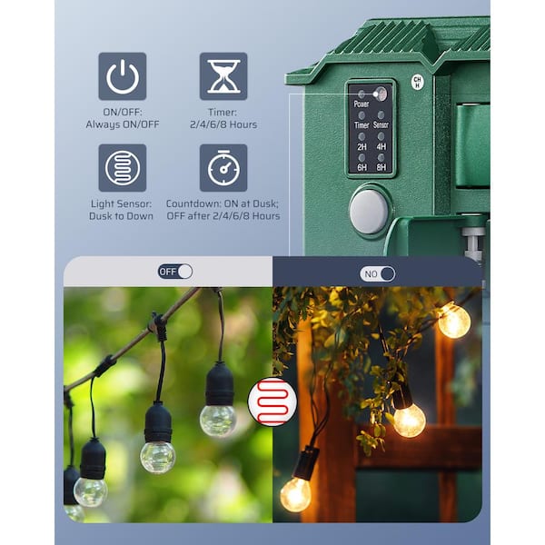 Outdoor Dusk to Dawn Power Stake Timer, Waterproof 6 Grounded Outlets, 6 ft. Cord, for Christmas Decoration Lights