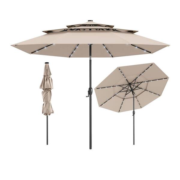 10 ft. Steel Market Solar Patio Umbrella with 32 LED Lights 3-Tier Vented Top in Beige