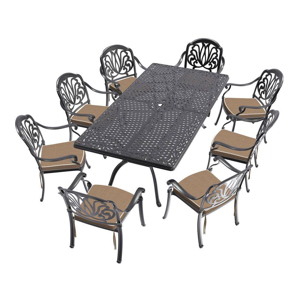 9-Piece Black Cast Aluminum Patio Outdoor Dining Set with Rectangular Table and 8 Chairs with Brown Cushions price history on PriceWatchPro