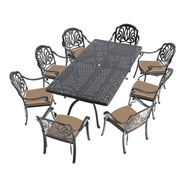 9-Piece Black Cast Aluminum Patio Outdoor Dining Set with Rectangular Table and 8 Chairs with Brown Cushions