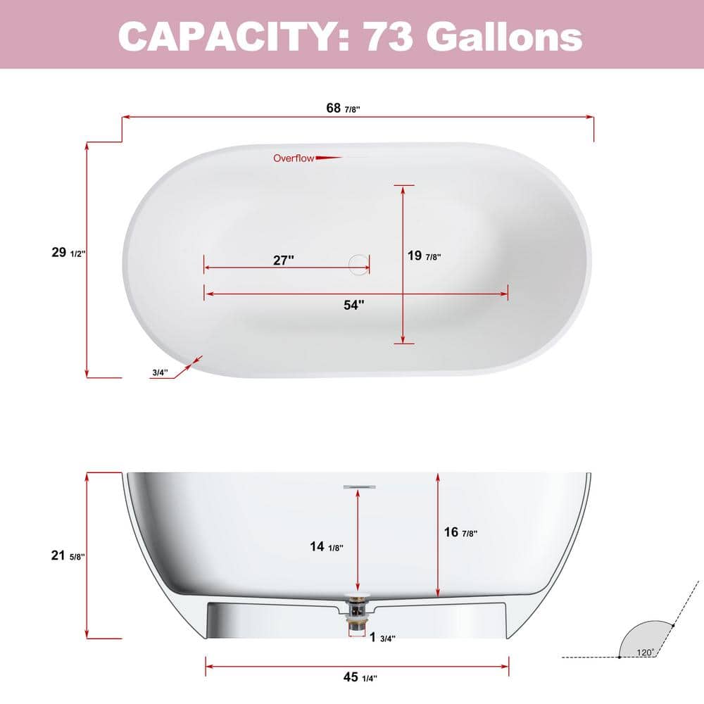 69'' Matte White Freestanding Acrylic Soaking Bathtub