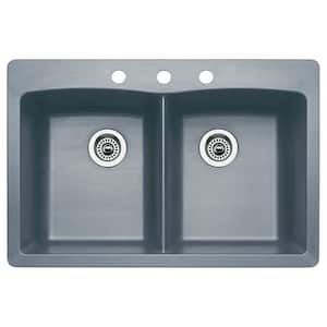 Diamond Dual-Mount Granite 33 in. 3-Hole 50/50 Double Bowl Kitchen Sink in Metallic Gray