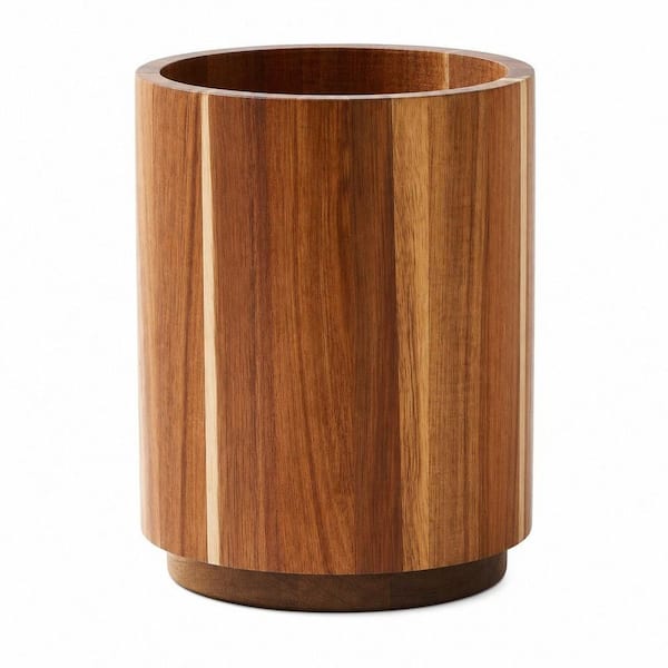 Acacia Wood 7.2 in. Utensil Holder for Kitchen Counter, 360° Rotating Wooden Cooking Utensil Crock for Countertop