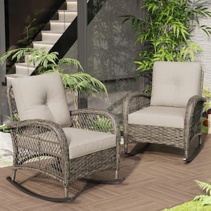 Brown Wicker Outdoor Rocking Chair Patio with Beige Cushions (2-Pack)