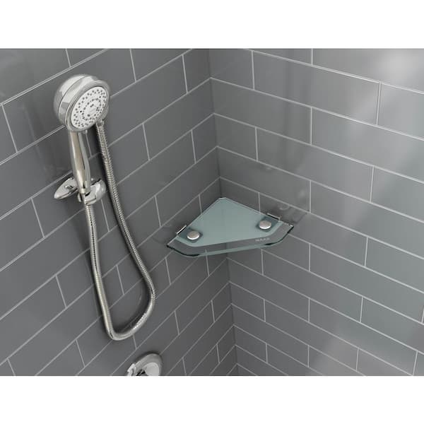Utile 9-3/8 in. x 3/8 in. x 9-3/8 in. Wall-Mount Frosted Corner Glass Shelf in Chrome