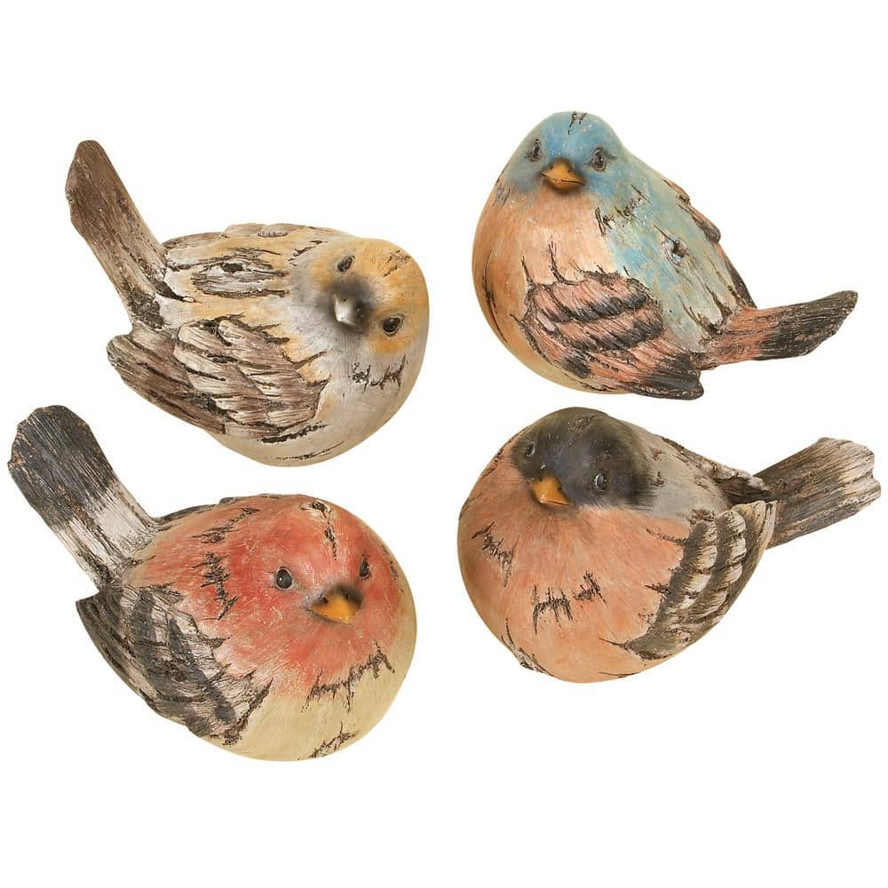 Set of Four Multi Colored Weathered Wood Bird Statues