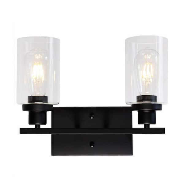YANSUN 14.5 in. 2-Light Industrial Matte Black Vanity Light Fixtures for Bathroom with Clear Glass Shades(2-Pack)