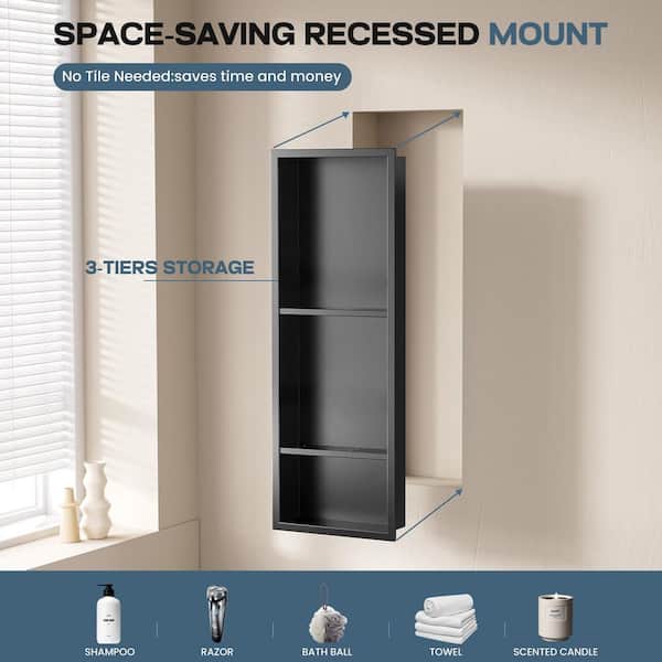 12 in. W x 30 in. H x 4 in. D Waterproof Recessed Shower Niche with Double Shelves in Matte Black, No Tile Needed