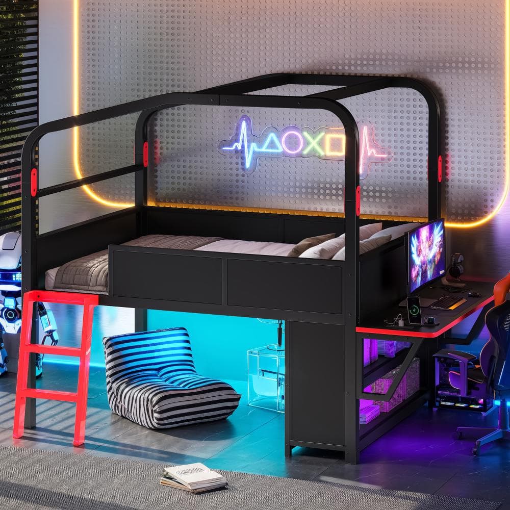 Black Full Size Metal Loft Bed with Side Desk, USB Ports and LED Lights price history on PriceWatchPro