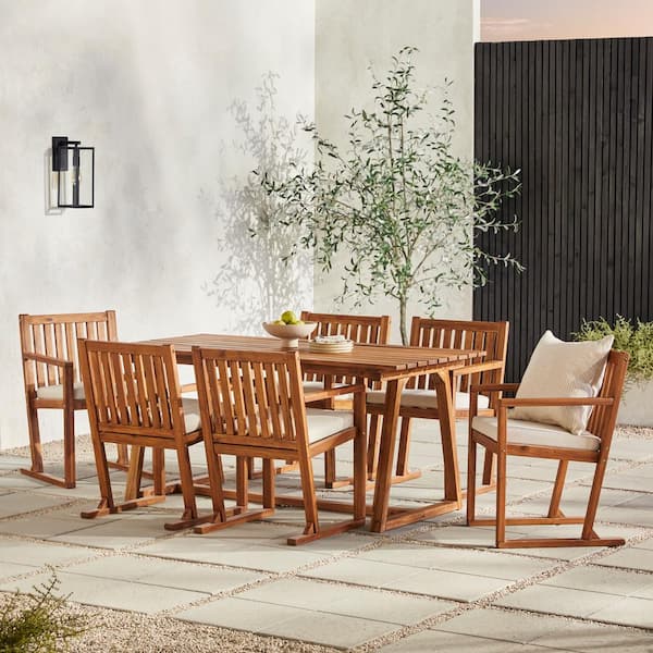 Walker Edison Furniture Company Brown 7-Piece Modern Slatted Wood Geometric Outdoor Dining Set with Bisque Cushions