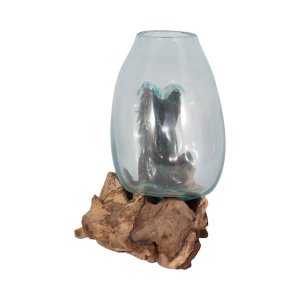 14 in. Brown Glass Round Decorative Vase in Wood Stand