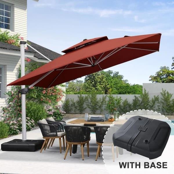 PURPLE LEAF 12 ft. Square High-Quality Aluminum Cantilever Polyester Outdoor Patio Umbrella with Stand, Brick Red