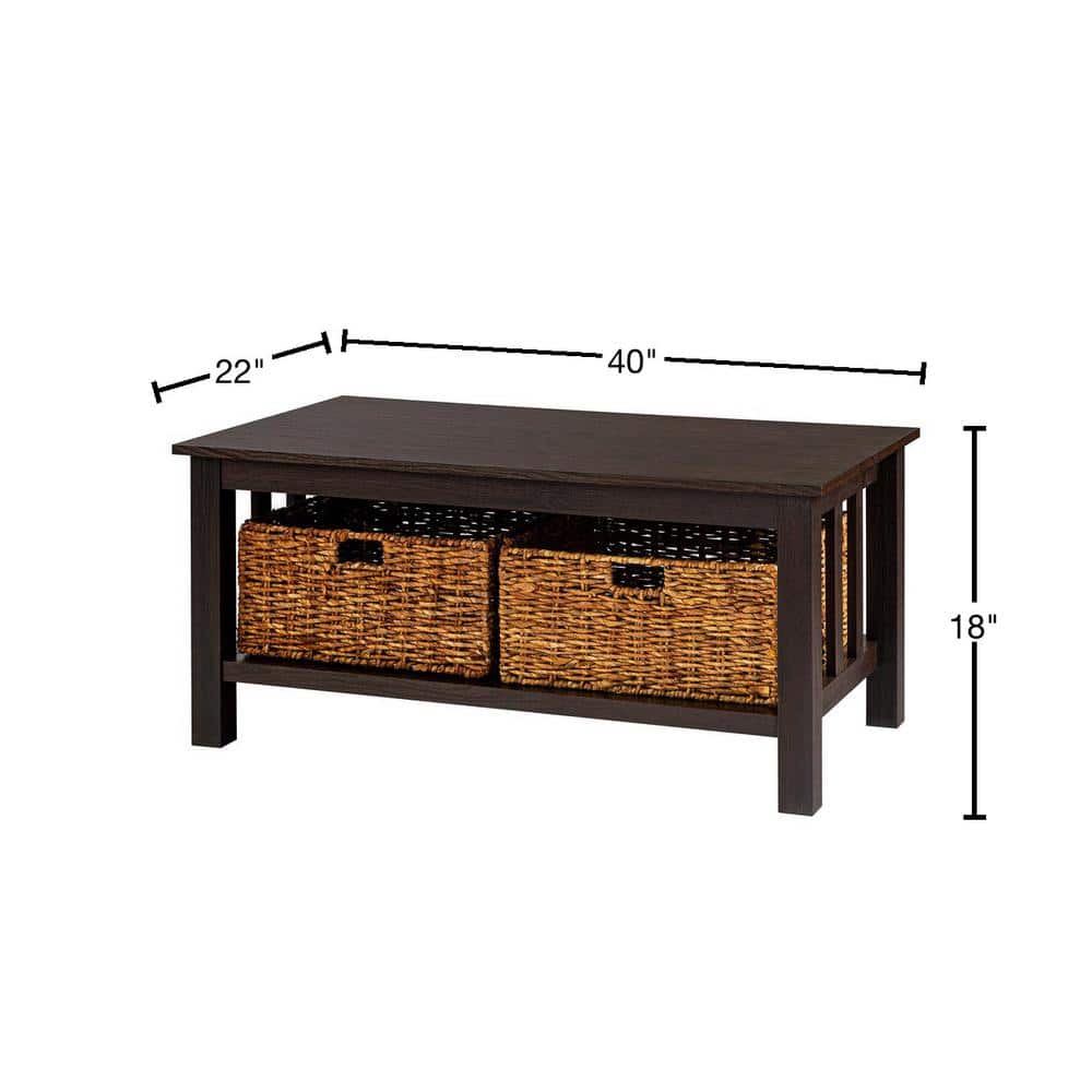 Espresso Elegance 40" Rectangular Coffee Table with Wicker Storage Baskets