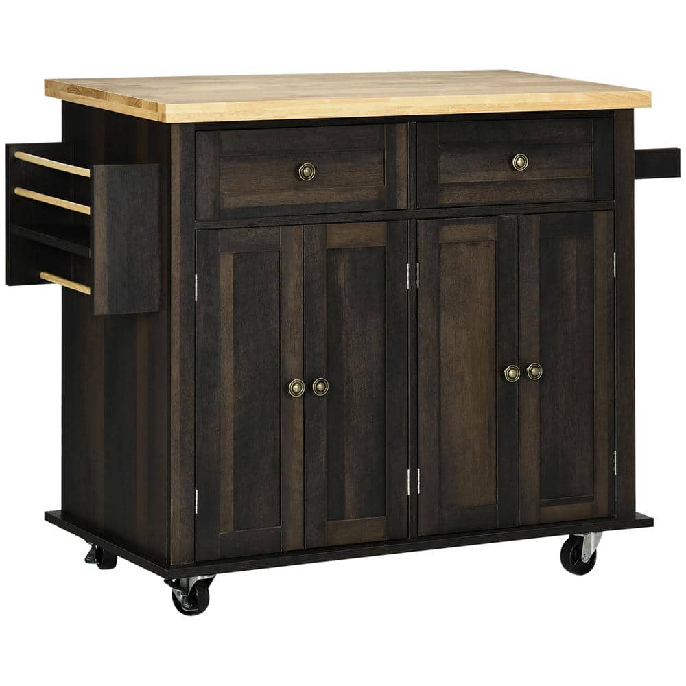 Brown Oak Wood 43.75 in. Kitchen Island with Rubberwood Top, Spice Rack, To
