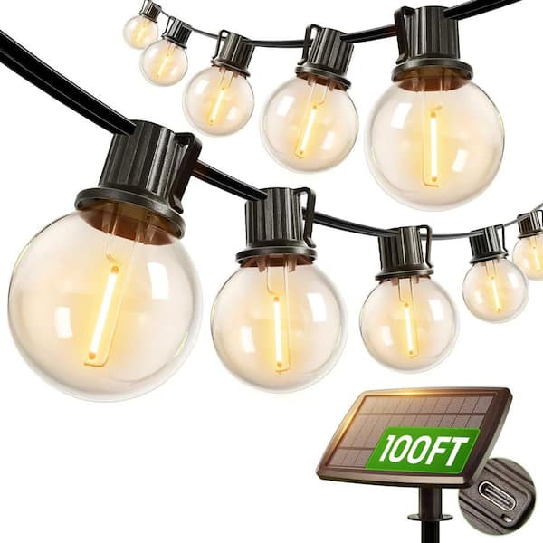 100 ft. Solar String Lights Outdoor with Remote 54 LED Shatterproof Bulbs Dimmable Timable 3 Light Modes G40 Waterproof