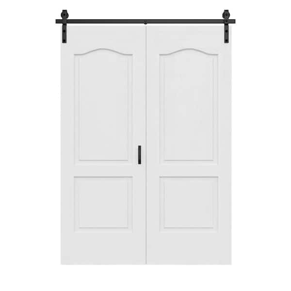 60 in. x 84 in. Arch Panel 2-Lite Primed Hollow Core MDF Finished Composite Bi-fold Door with Bifold Barn Door Hardware