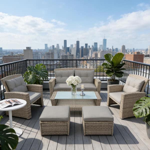 4-Piece Wicker Patio Conversation Set with Gray Cushions