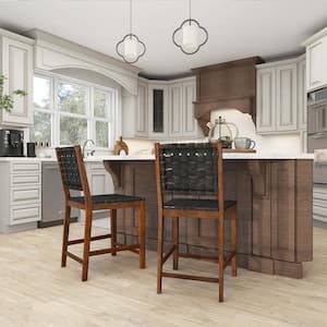 24 in. Woven Wood Bar Stools Counter Height Dining Chairs Faux PU Leather Kitchen Set of 2