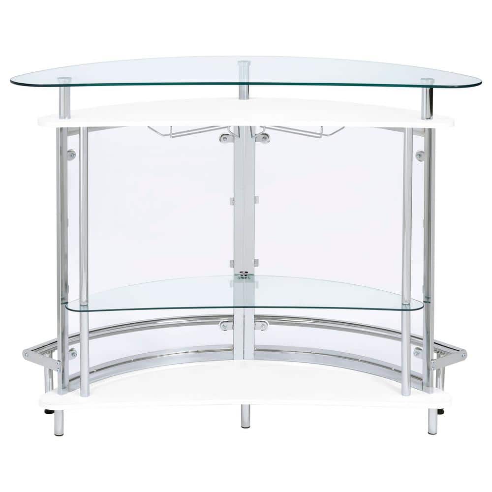 White and Chrome Glass Top Freestanding Home Bar Cabinet