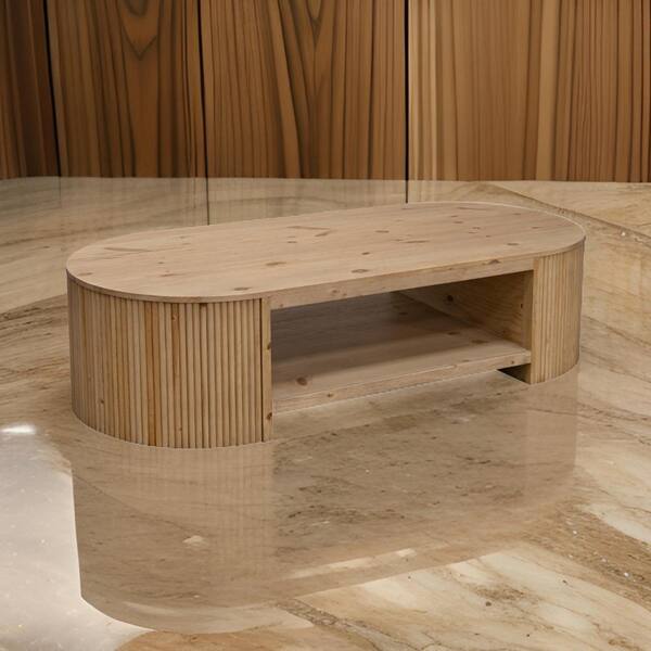 Benjara Izya 33 in. Natural Brown Oval Wood Coffee Table with Reeded Fluted Base