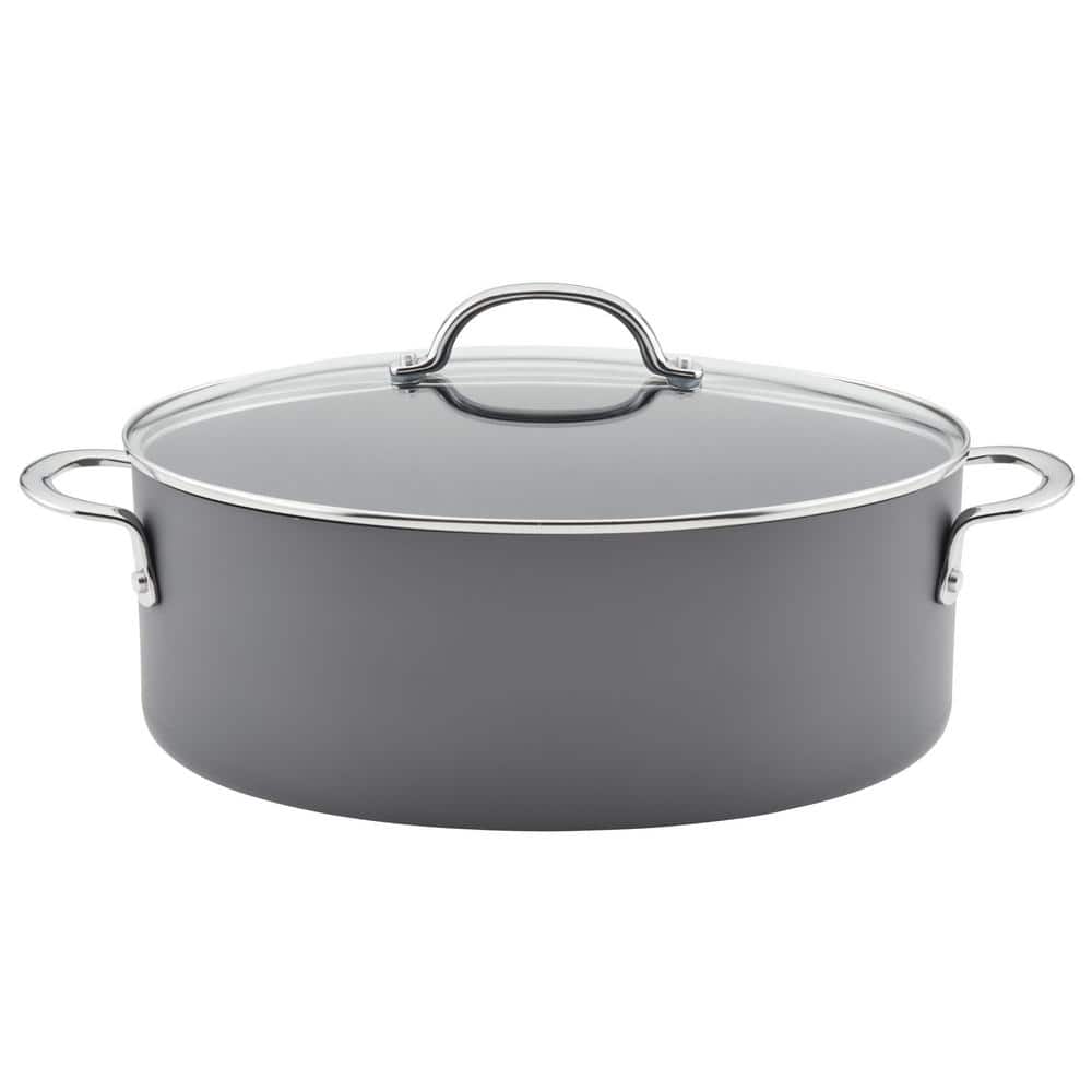 Gray Hard Anodized Nonstick Oval Pasta Pot with Glass Lid