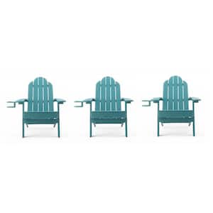 Lake Blue Foldable Plastic Outdoor Patio Adirondack Chair with Cup Holder for Garden/Backyard/Pool/Beach (Set 0f 3)
