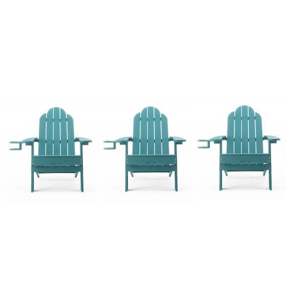 LUE BONA Lake Blue Foldable Plastic Outdoor Patio Adirondack Chair with Cup Holder for Garden/Backyard/Pool/Beach (Set 0f 3)