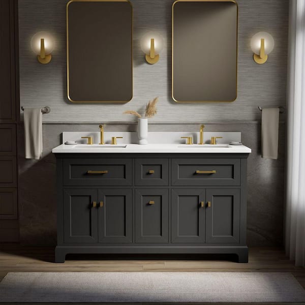 Charlemont 61 in. Double Sink Freestanding Ferrous Grey Bath Vanity with White Quartz Top Assembled