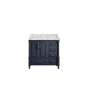 Hudson 36 in. W x 22 in. D x 36 in. H Left Offset Sink Bath Vanity in Navy Blue with 2 in. Viola Gold qt. Top