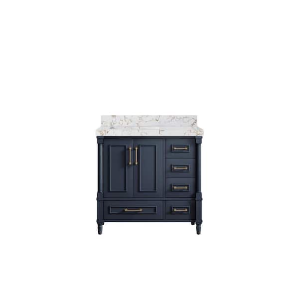 Willow Collections Hudson 36 in. W x 22 in. D x 36 in. H Left Offset Sink Bath Vanity in Navy Blue with 2 in. Viola Gold qt. Top