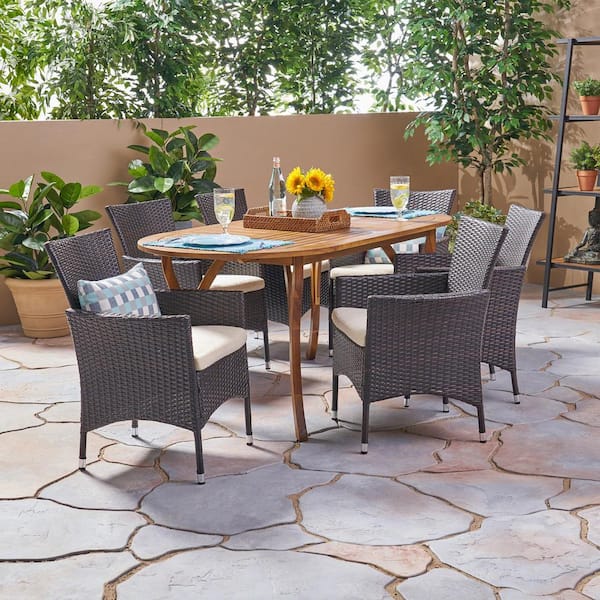 Noble House Wyatt Multi-Brown 7-Piece Wood and Faux Rattan Outdoor Dining Set with Beige Cushions