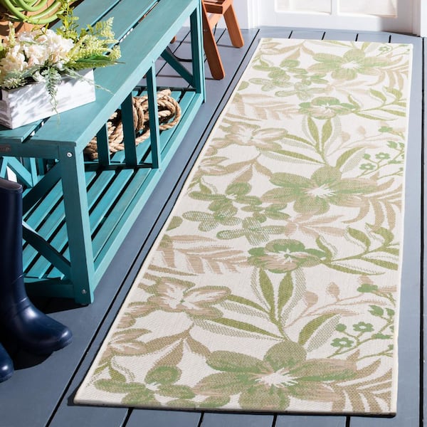 Courtyard Ivory/Green 2 ft. x 8 ft. Botanical Leaves Indoor/Outdoor Runner Rug